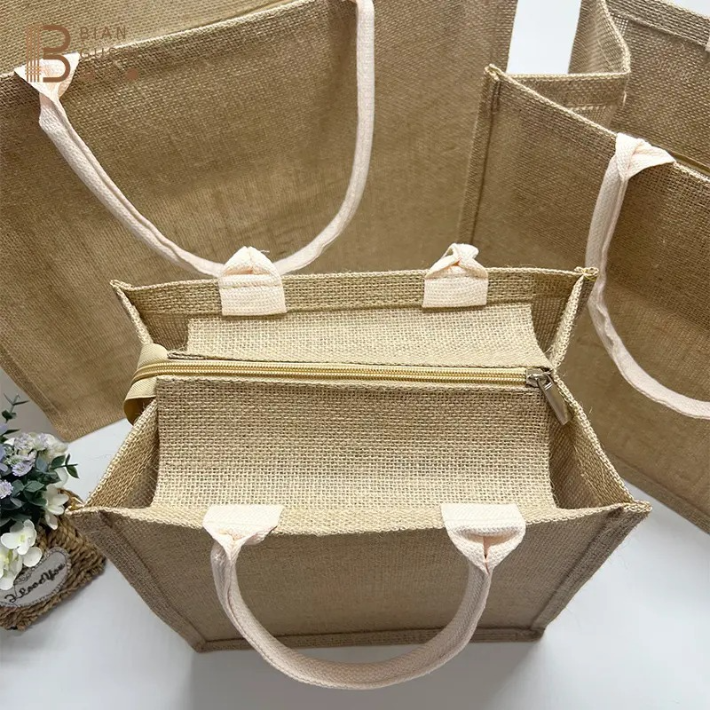 A4 Size Custom Design Large Jute Burlap Shopping Beach Tote Bag With Soft Cotton Handles For Traveling And Shopping With Zip
