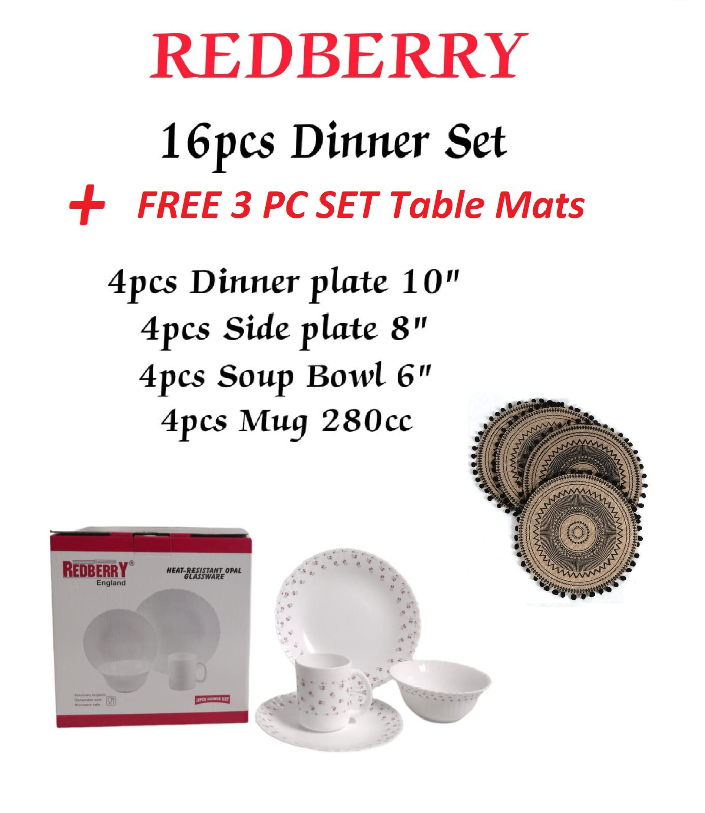 Redberry 16-Piece Opal ware Dinner Set + 3 PC Woven Table Mats