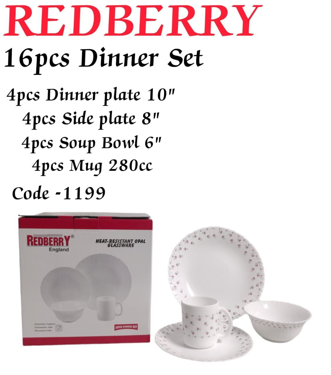 Redberry 16-Piece Opal ware Dinner Set + 3 PC Woven Table Mats