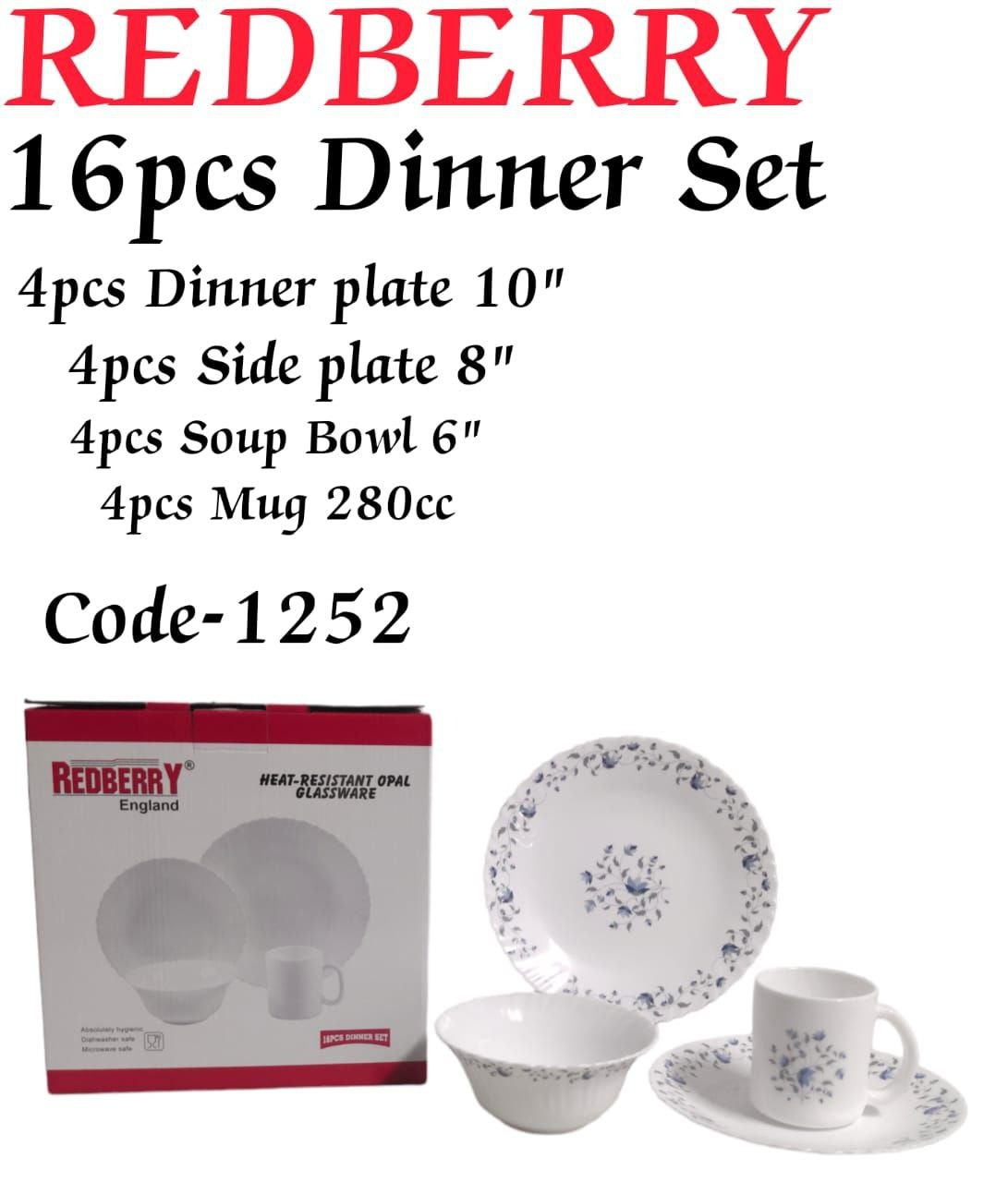 Redberry 16-Piece Opal ware Dinner Set + 3 PC Woven Table Mats