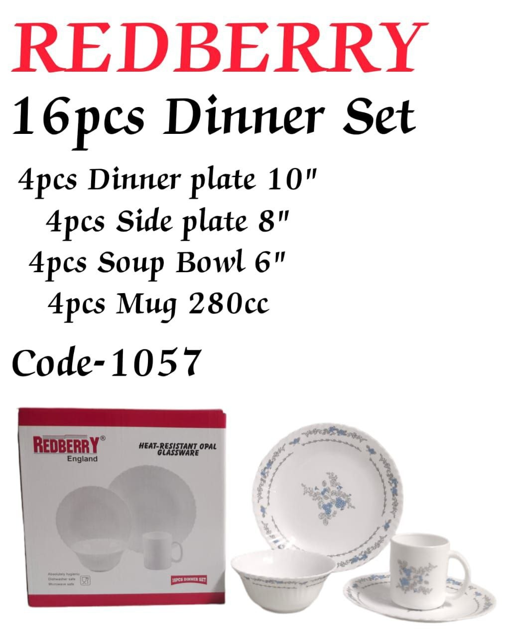 Redberry 16-Piece Opal ware Dinner Set + 3 PC Woven Table Mats