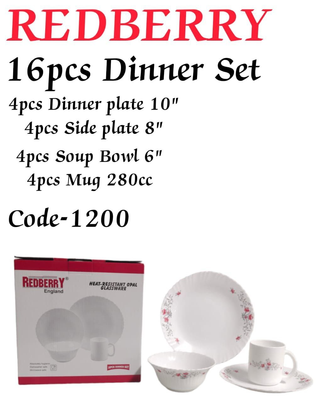 Redberry 16-Piece Opal ware Dinner Set + 3 PC Woven Table Mats