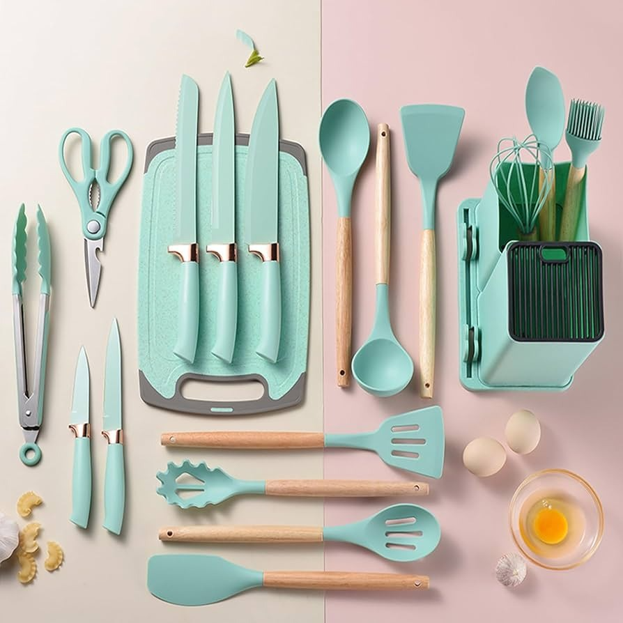 19 Piece Silicone Kitchenware Utensil Set Silicone Kitchen Utensils Set Heat Resistant Non-stick Cooking Tool with Wooden Handles Silicone Cookware Set BPA Free,19pcs