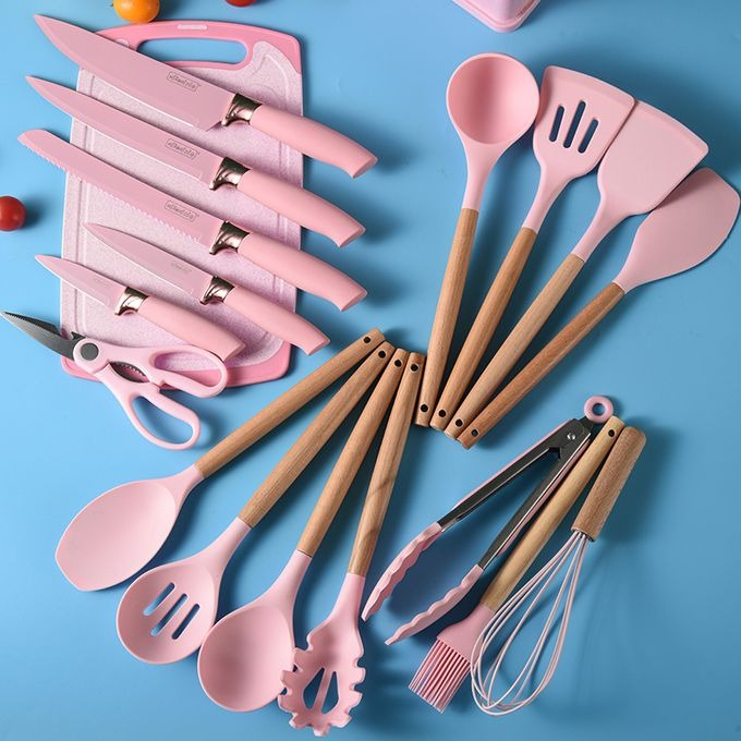 19 Piece Silicone Kitchenware Utensil Set Silicone Kitchen Utensils Set Heat Resistant Non-stick Cooking Tool with Wooden Handles Silicone Cookware Set BPA Free,19pcs