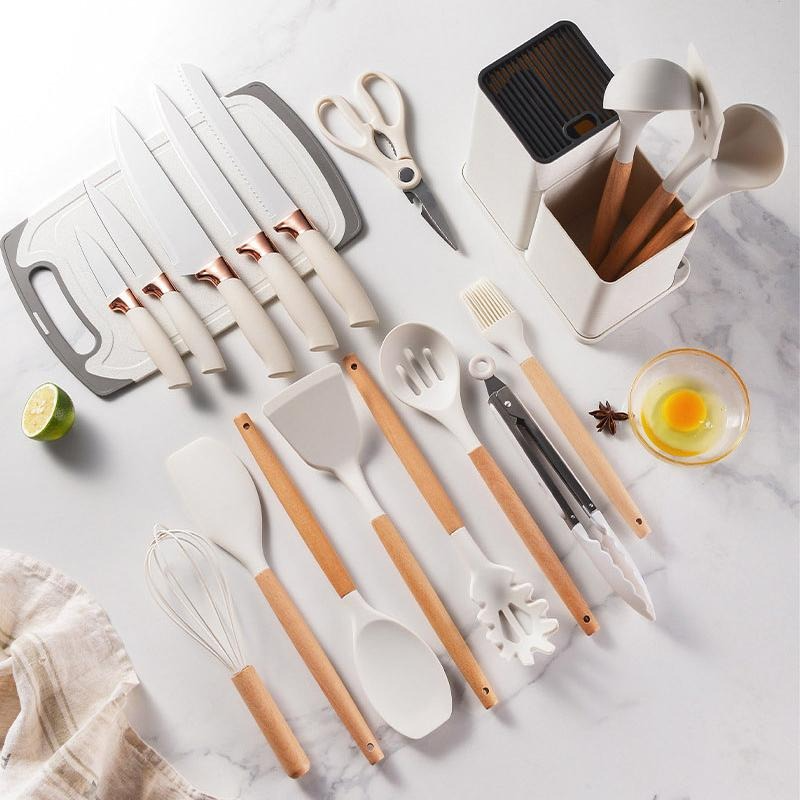 19 Piece Silicone Kitchenware Utensil Set Silicone Kitchen Utensils Set Heat Resistant Non-stick Cooking Tool with Wooden Handles Silicone Cookware Set BPA Free,19pcs