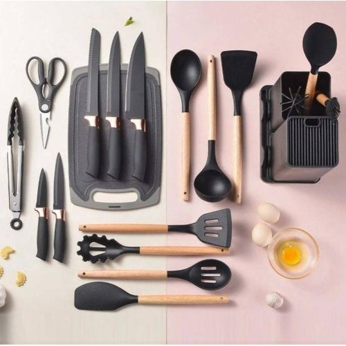 19 Piece Silicone Kitchenware Utensil Set Silicone Kitchen Utensils Set Heat Resistant Non-stick Cooking Tool with Wooden Handles Silicone Cookware Set BPA Free,19pcs