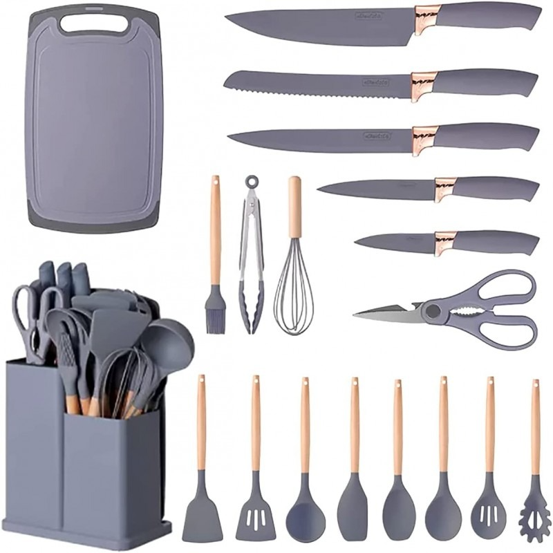 19 Piece Silicone Kitchenware Utensil Set Silicone Kitchen Utensils Set Heat Resistant Non-stick Cooking Tool with Wooden Handles Silicone Cookware Set BPA Free,19pcs