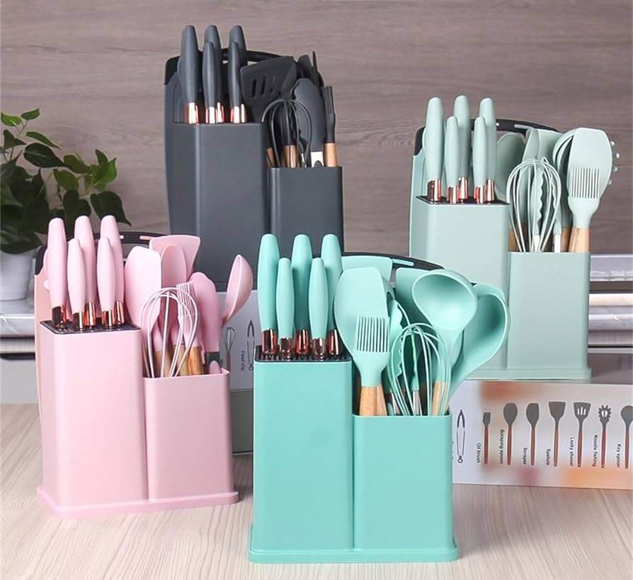 19 Piece Silicone Kitchenware Utensil Set Silicone Kitchen Utensils Set Heat Resistant Non-stick Cooking Tool with Wooden Handles Silicone Cookware Set BPA Free,19pcs