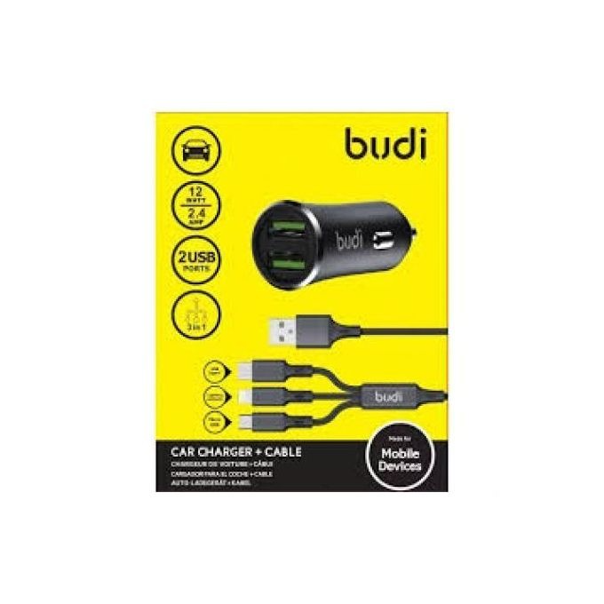 BUDI CAR CHARGER WITH 3-IN-1 CHARGING CABLE (TYPE C, MICRO, iPHONE)