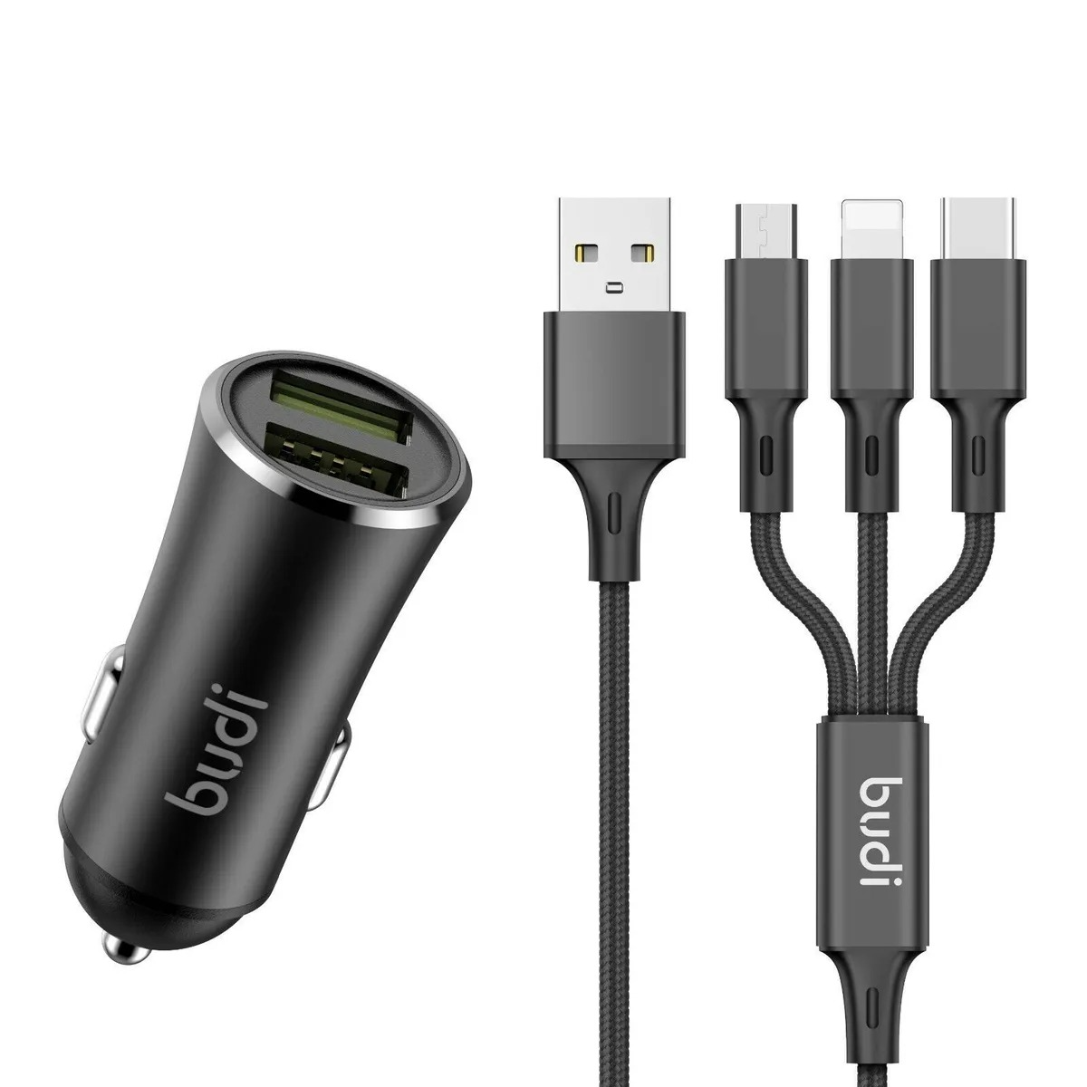 BUDI CAR CHARGER WITH 3-IN-1 CHARGING CABLE (TYPE C, MICRO, iPHONE)