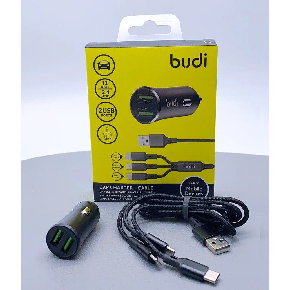BUDI CAR CHARGER WITH 3-IN-1 CHARGING CABLE (TYPE C, MICRO, iPHONE)