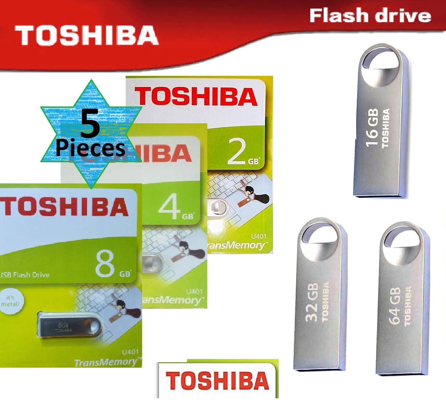 5PC TOSHIBA USB Flash Drive 2.0 Metal {2GB, 4GB, 8GB, 16GB, 32GB, 64GB}