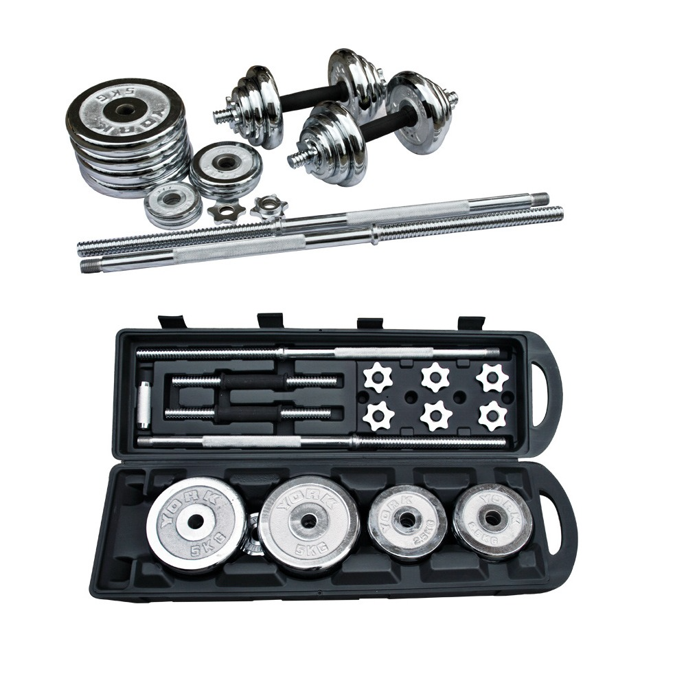 York Chrome Barbell and Dumbbells Set of 2, Chrome Cast Iron Dumbbells, Standard Knurled Handle, Spinlock Collars, Dumbbell Set Weights