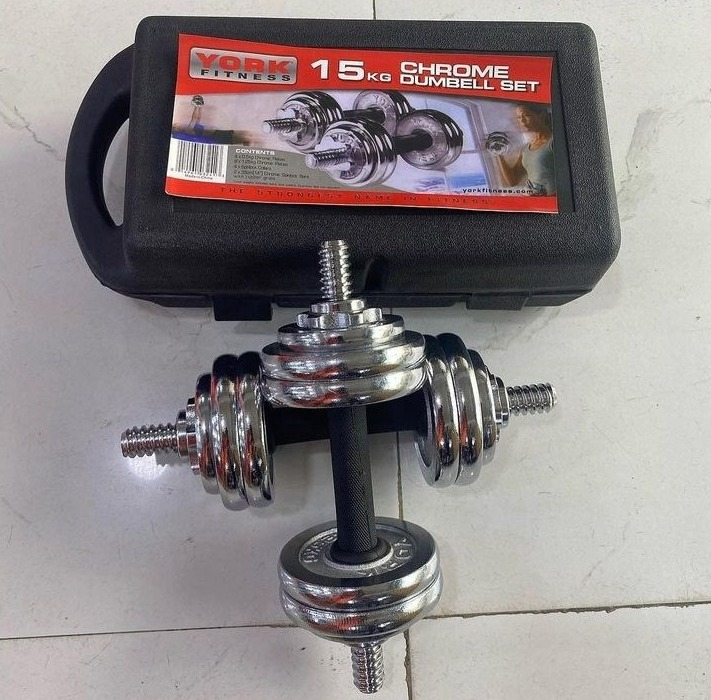 York Chrome Barbell and Dumbbells Set of 2, Chrome Cast Iron Dumbbells, Standard Knurled Handle, Spinlock Collars, Dumbbell Set Weights