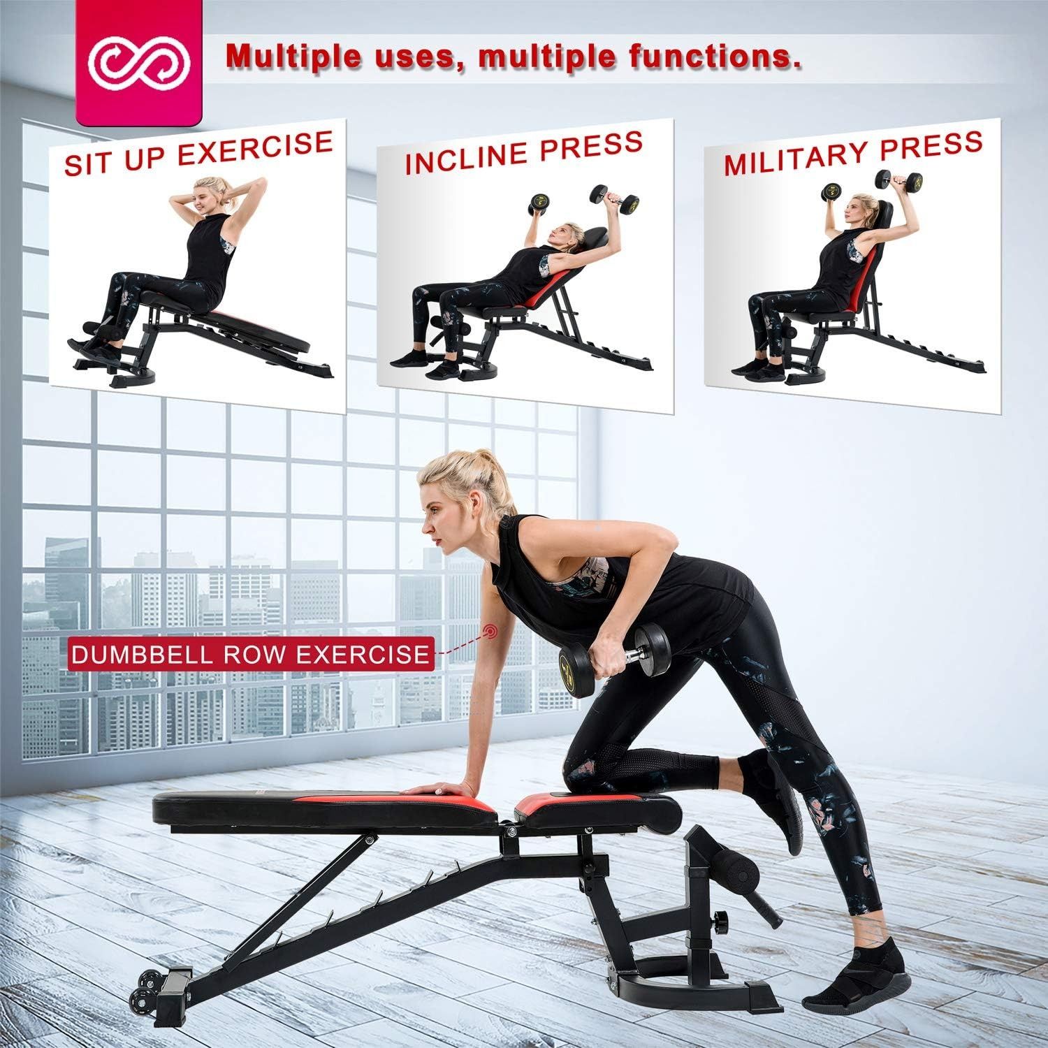 Weight Bench, Adjustable Workout Bench Press 800lbs Flat Incline Decline Utility Bench Sit Up Exercise Bench for Home Gym Strength Training Full Body Workout