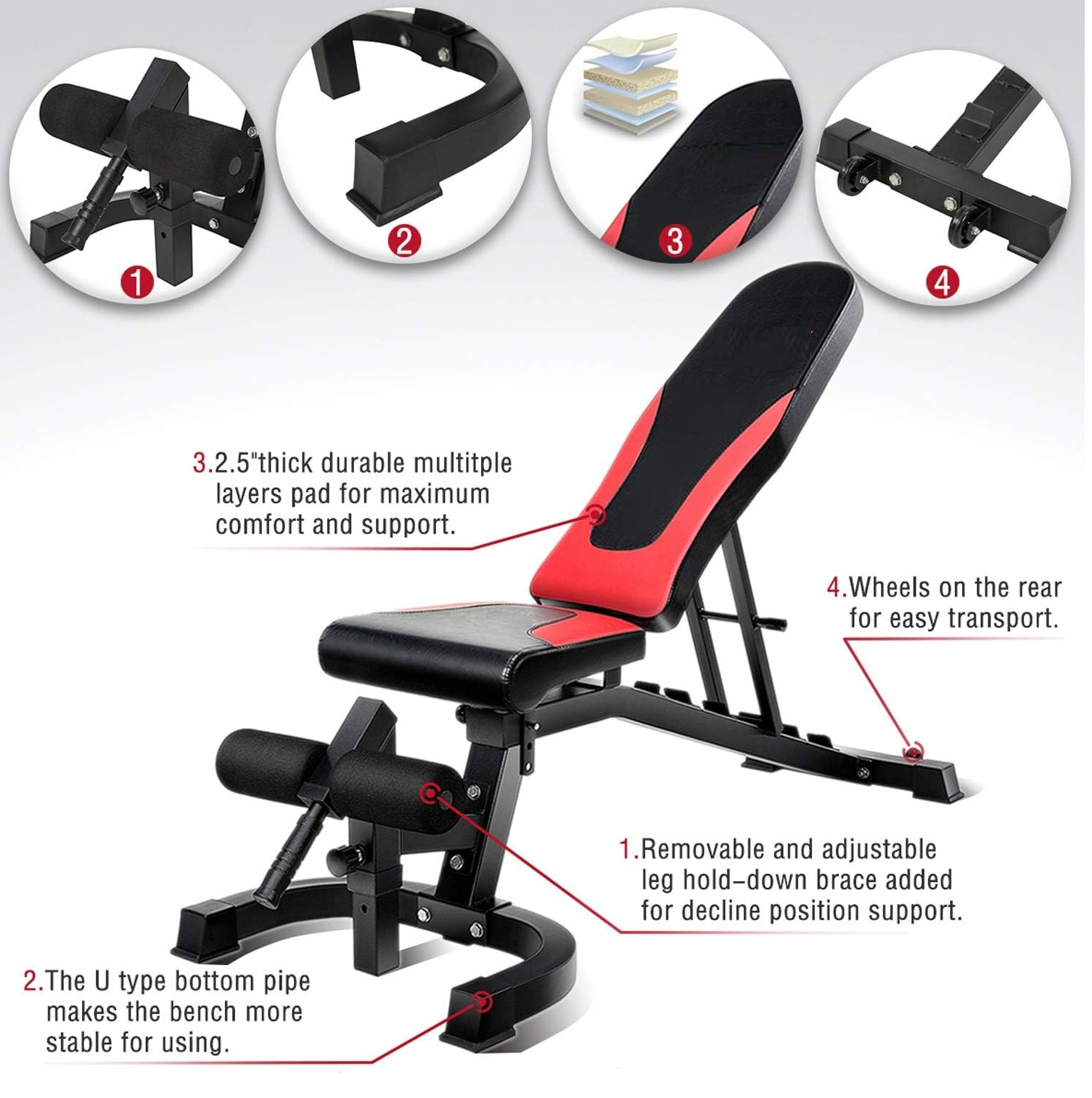 Weight Bench, Adjustable Workout Bench Press 800lbs Flat Incline Decline Utility Bench Sit Up Exercise Bench for Home Gym Strength Training Full Body Workout