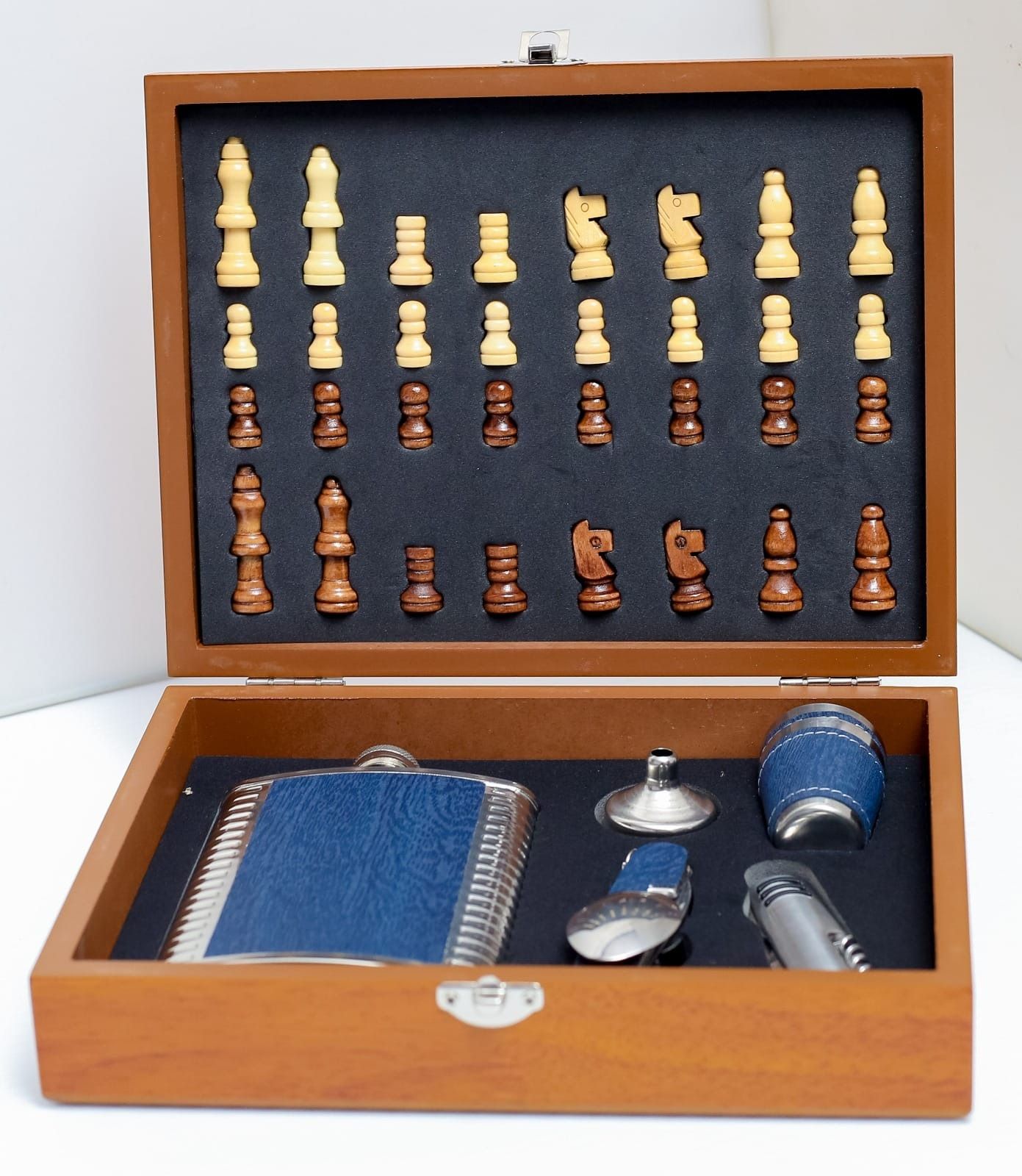 Hip Flask Gift Set with Chess & Chess Play Set in wood board case