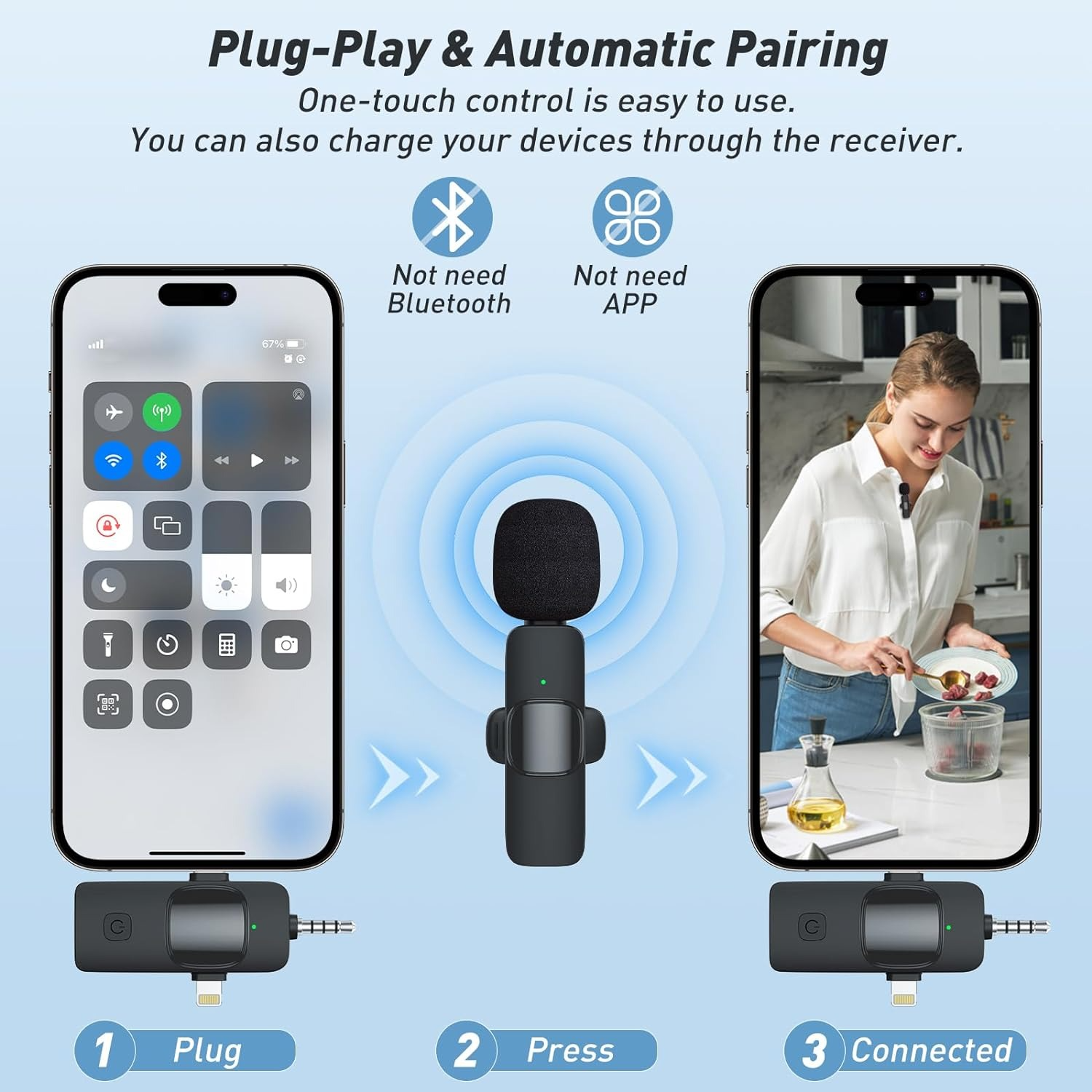 3 in 1 Wireless Microphone for iPhone, iPad, Android, Camera, Mini Microphones USB C, 12Hs Working Time, Lavalier Mic for Vlog, Podcast, TikTok, YouTube