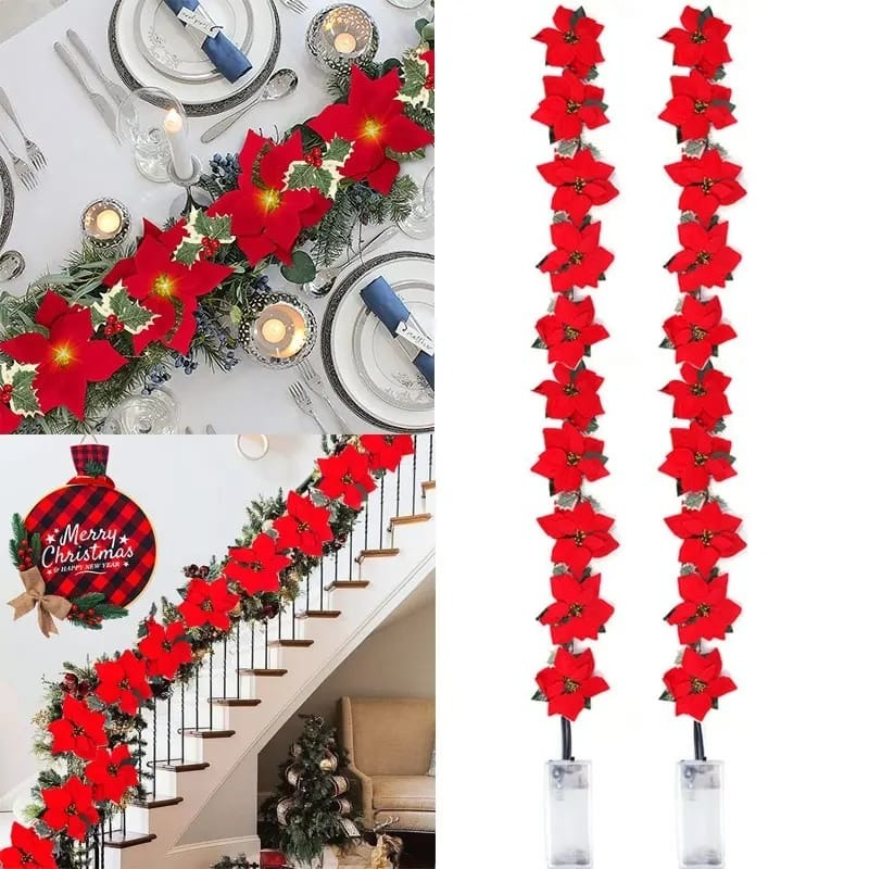 LED Christmas Poinsettia Fairy String Lights Flower Garland Christmas Decor 2Mtrs