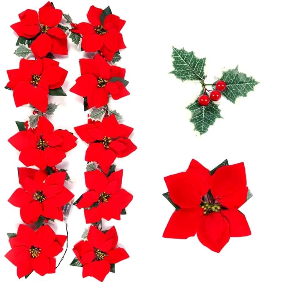 LED Christmas Poinsettia Fairy String Lights Flower Garland Christmas Decor 2Mtrs