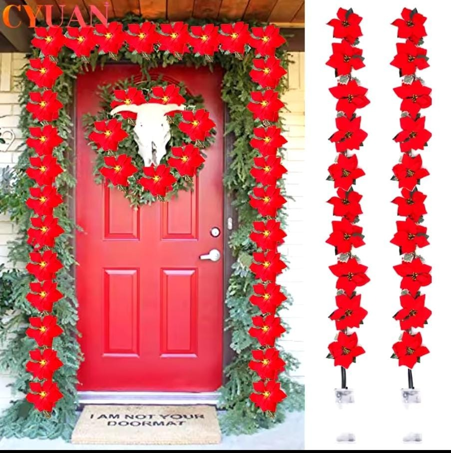 LED Christmas Poinsettia Fairy String Lights Flower Garland Christmas Decor 2Mtrs