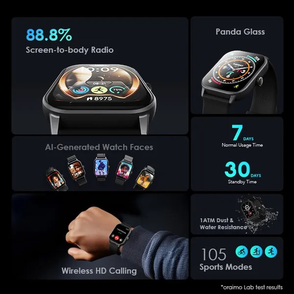 oraimo Watch 5 2.01" HD Panda Glass 1ATM Smart Watch