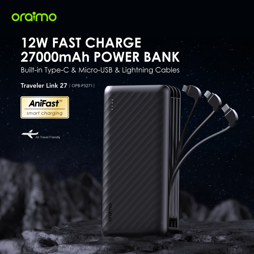 oraimo Traveler 27000mAh 12W Power Bank With Charging Cables