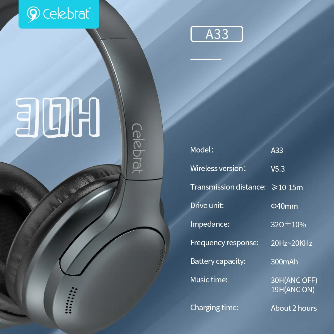 Celebrat A33 ANC Noise Reduction Bluetooth Heavy Bass Headphones