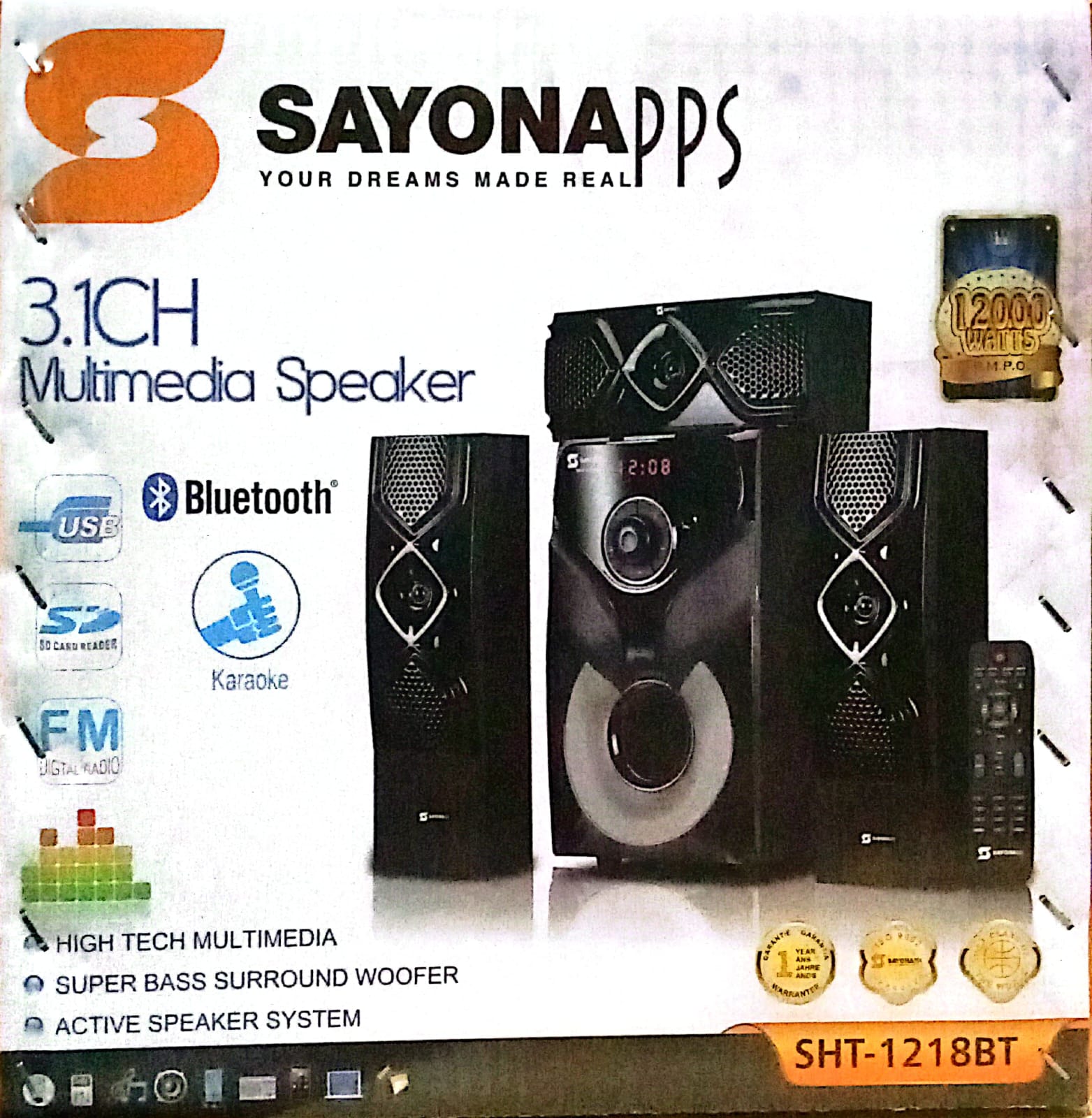 SAYONA 3.1 CH SUBWOOFER HOMETHEATRE SPEAKER SYSTEM-BLUETOOTH/FM/USB-12000 WATTS