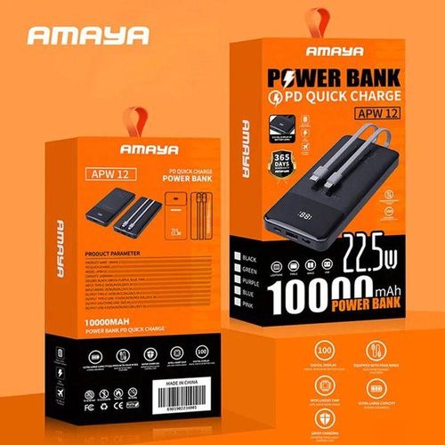 Amaya APW-12 UltraFast 10000mAh Powerbank – 22.5W Super Fast Charging Portable Charger With Dual Port & Dual Cables For Smartphones, Tablets, And More – Black