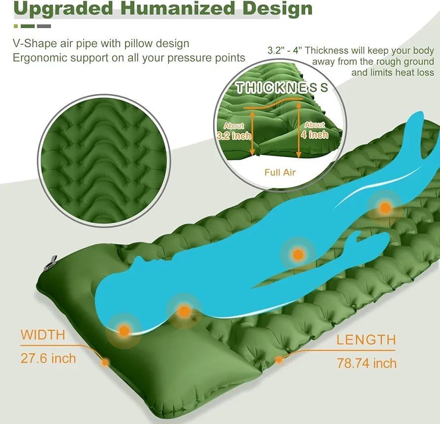 Camping Sleeping Pad with Compass, Ultralight Inflatable Sleeping Mat with Pillow, Built-in Foot Pump, Portable Camping Air Mattress for Backpacking Hiking Traveling Tent
