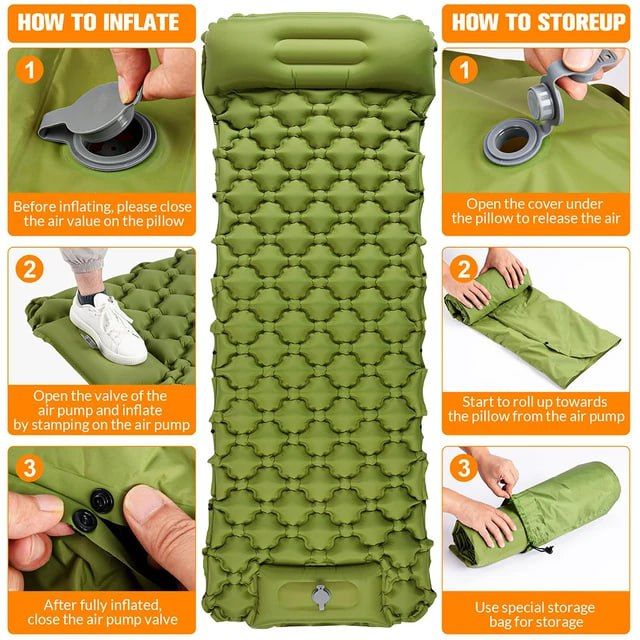 Camping Sleeping Pad with Compass, Ultralight Inflatable Sleeping Mat with Pillow, Built-in Foot Pump, Portable Camping Air Mattress for Backpacking Hiking Traveling Tent