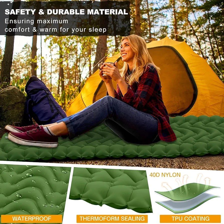 Camping Sleeping Pad with Compass, Ultralight Inflatable Sleeping Mat with Pillow, Built-in Foot Pump, Portable Camping Air Mattress for Backpacking Hiking Traveling Tent