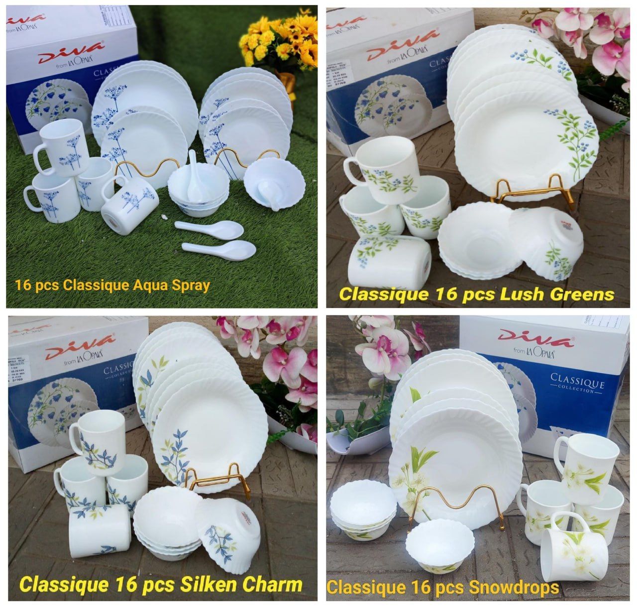 High Quality Diva 16 pcs Classique Glass Dinner Sets (4pcs dinner plates 4pcs soup plates 4pcs soup bowls 4pcs coffee mugs)