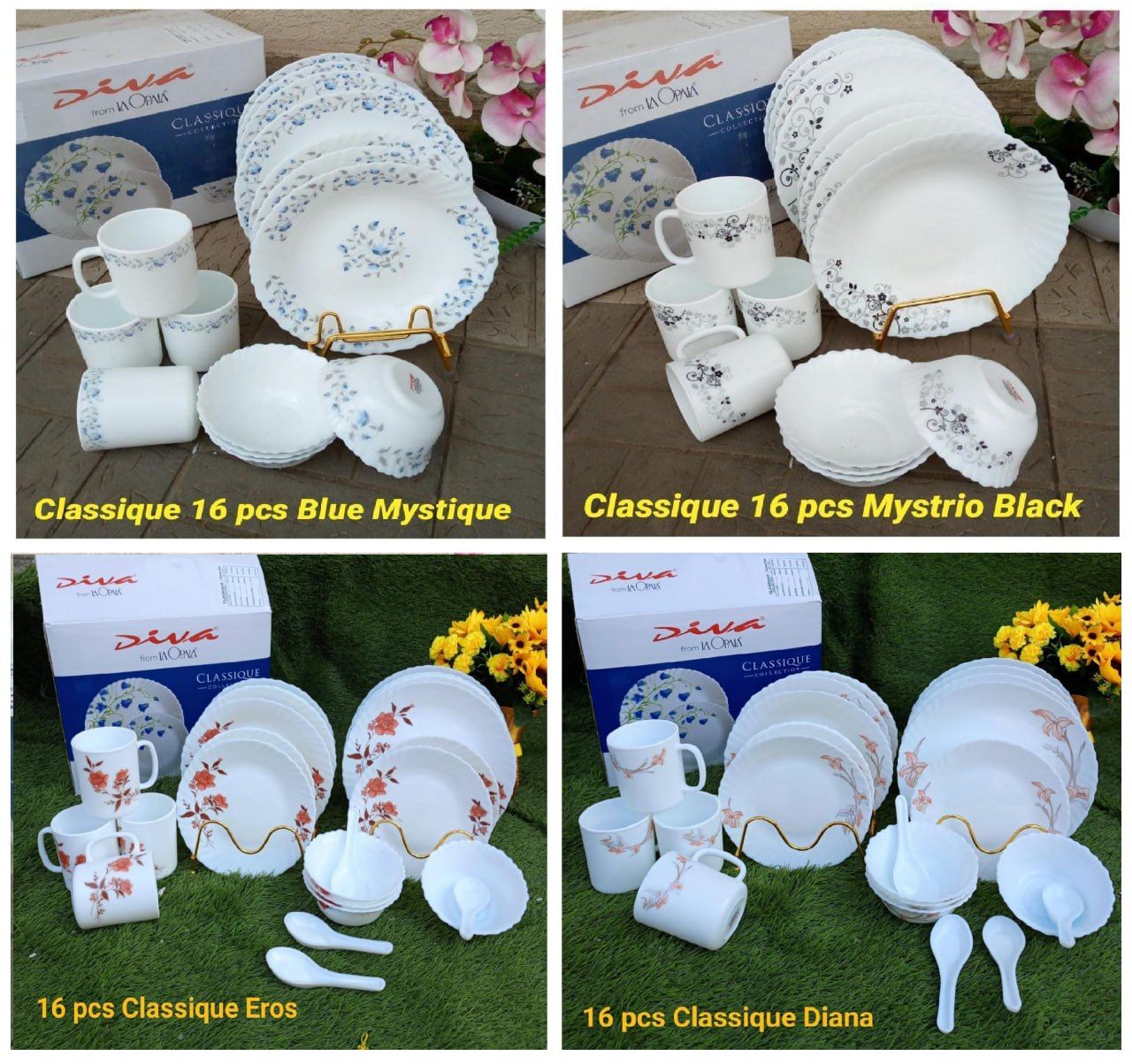 High Quality Diva 16 pcs Classique Glass Dinner Sets (4pcs dinner plates 4pcs soup plates 4pcs soup bowls 4pcs coffee mugs)