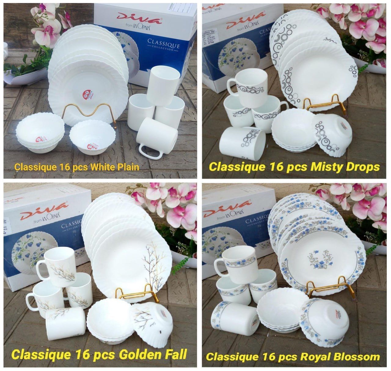 High Quality Diva 16 pcs Classique Glass Dinner Sets (4pcs dinner plates 4pcs soup plates 4pcs soup bowls 4pcs coffee mugs)