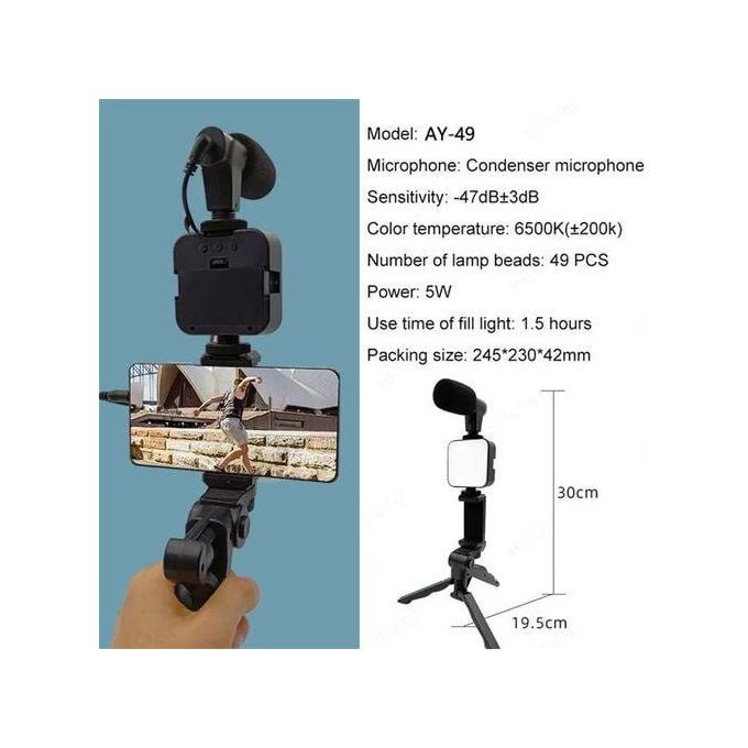 Camera Video Recording / Making Kit with Microphone, Mini Tripod, LED Light and Phone Holder Clip for Making Videos