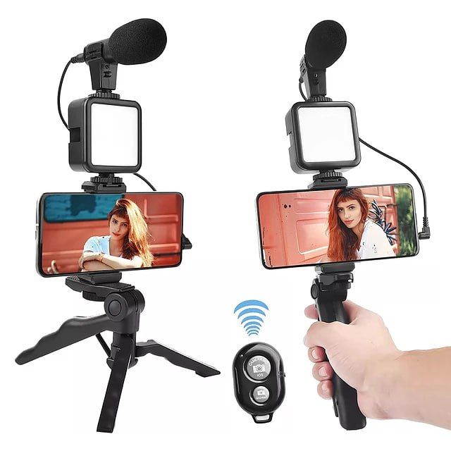 Camera Video Recording / Making Kit with Microphone, Mini Tripod, LED Light and Phone Holder Clip for Making Videos