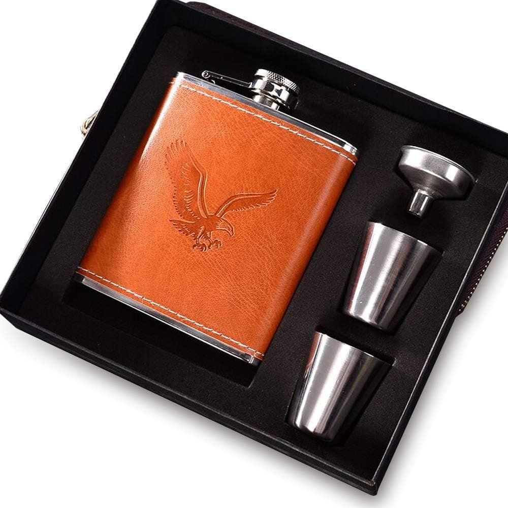Hip whisky Flask / bottle Leather Wrapped Stainless Steel 200mls  Alcohol Flask Perfect for Men Gifts Birthday, Anniversary Comes in a nice package and with two tot cups