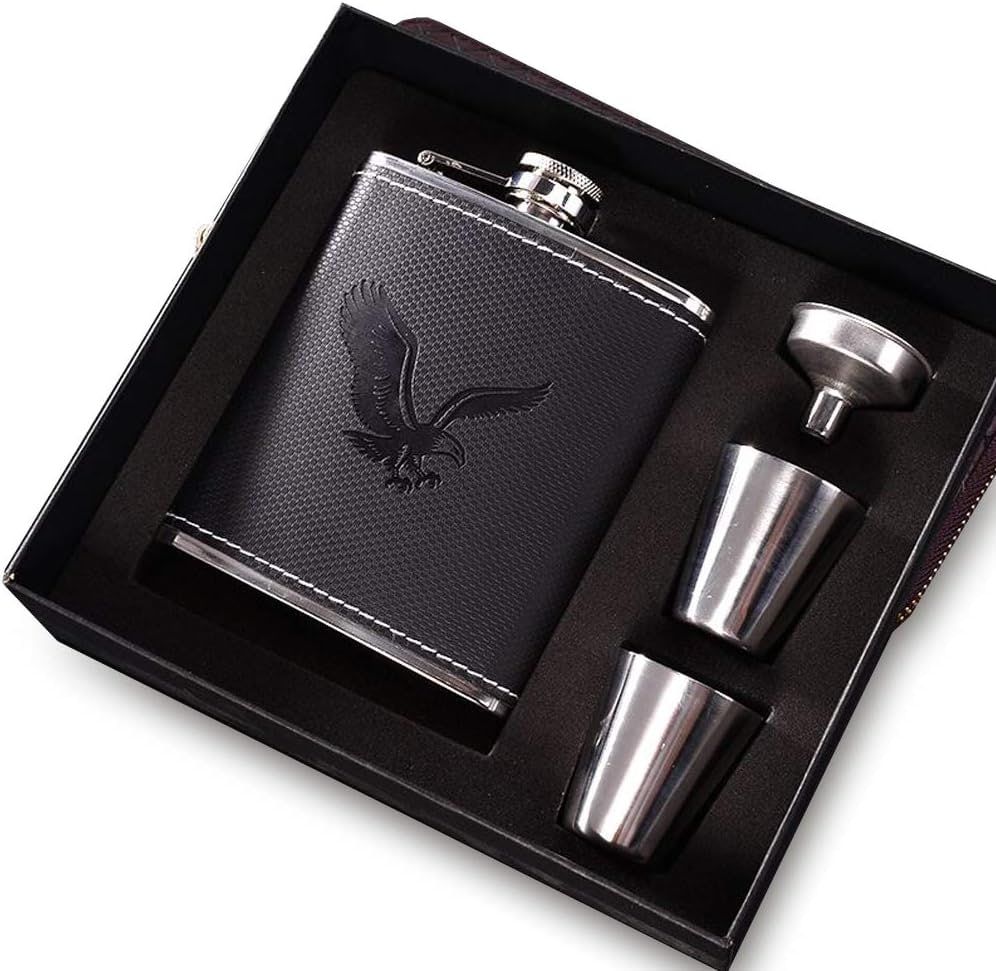 Hip whisky Flask / bottle Leather Wrapped Stainless Steel 200mls  Alcohol Flask Perfect for Men Gifts Birthday, Anniversary Comes in a nice package and with two tot cups