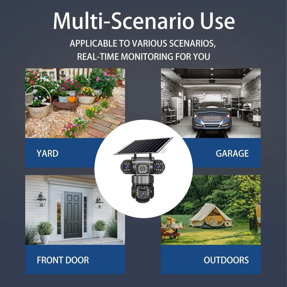 Outdoor WiFi IP Camera Triple Lens Triple Screens Security Video Monitor Night Vision Waterproof, Three Screens, PIR Human Detection, Solar Powered CCTV Security Camera