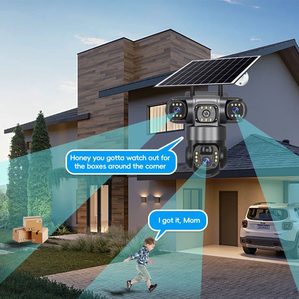 Outdoor WiFi IP Camera Triple Lens Triple Screens Security Video Monitor Night Vision Waterproof, Three Screens, PIR Human Detection, Solar Powered CCTV Security Camera