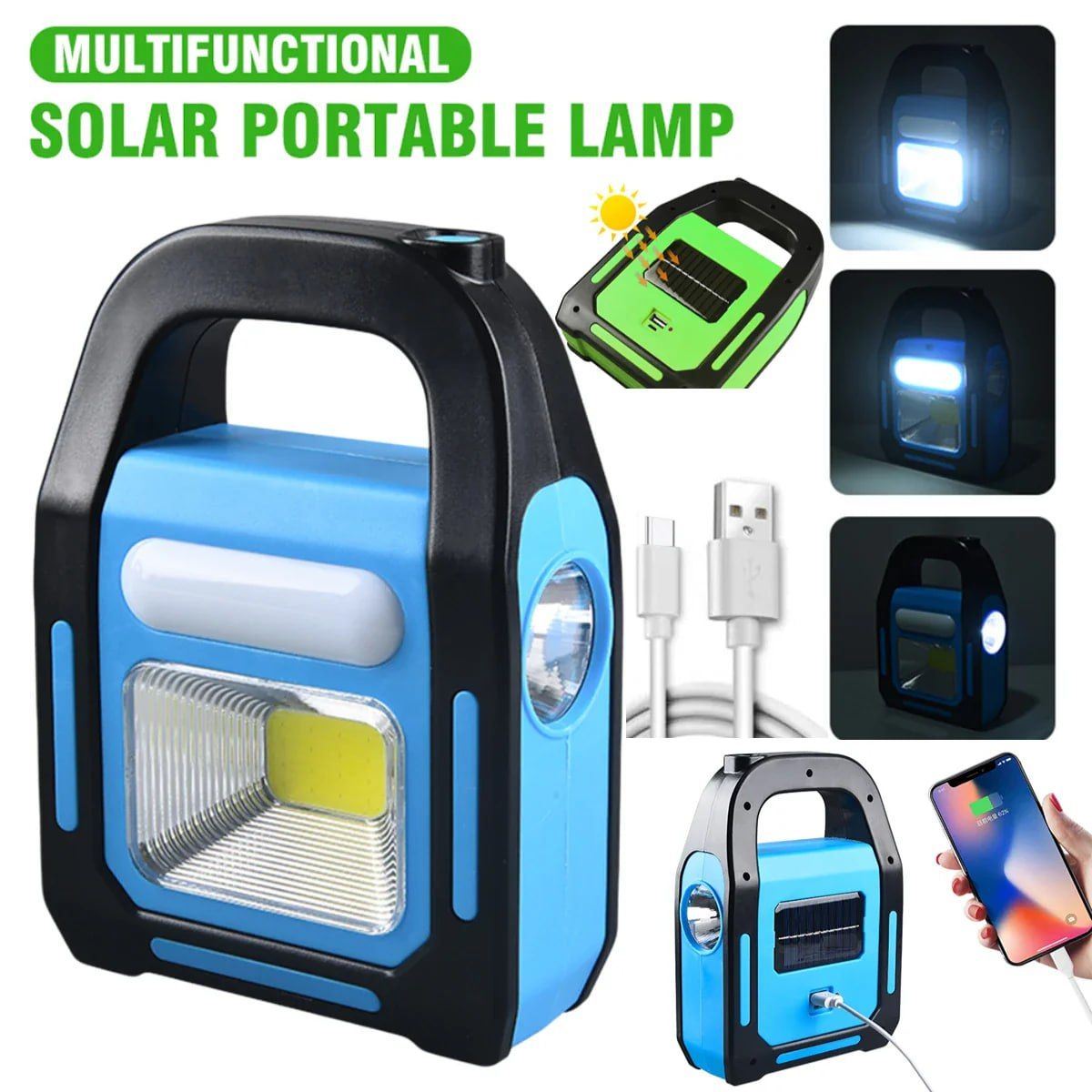 COB LED Solar Panel Handheld Light Multifunctional Waterproof Solar Powered Lanterns Anti Slip USB Charging For Home