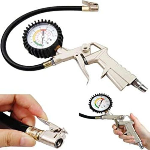 Tire Inflator with Pressure Gauge, 0-220PSI Dial Wheel Air Tire Pressure Gauge, Heavy Duty Rubber Hose with Quick Coupler, Air Compressor Tire Inflator Attachment for Cars Motorcycle Bike
