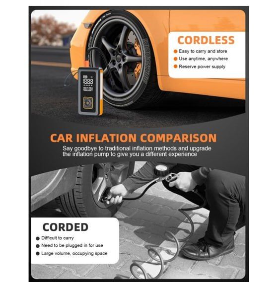 7-in-1 multi-function car jump starter with Powerbank, flashlight, compressor, pressure gauge and quick start function. Ideal for car emergencies and camping. Portable, powerful