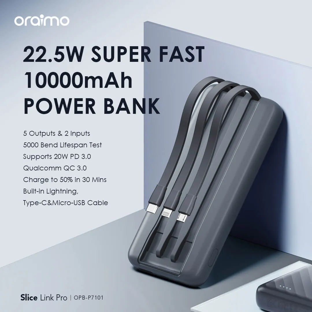 Oraimo Slice Link Pro 10000mAh 22.5W Power Bank with Charging Cables
