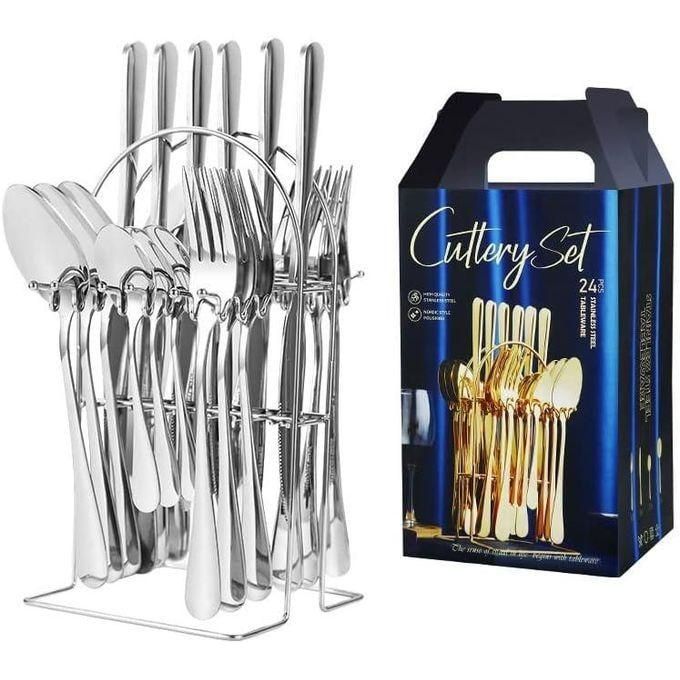 Cutlery Set with Cutlery Stand, Stainless Steel Flatware, 24 Piece Set for Home Kitchen Restaurant Hotel Dinner (Color : Silver)