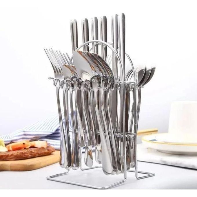 Cutlery Set with Cutlery Stand, Stainless Steel Flatware, 24 Piece Set for Home Kitchen Restaurant Hotel Dinner (Color : Silver)