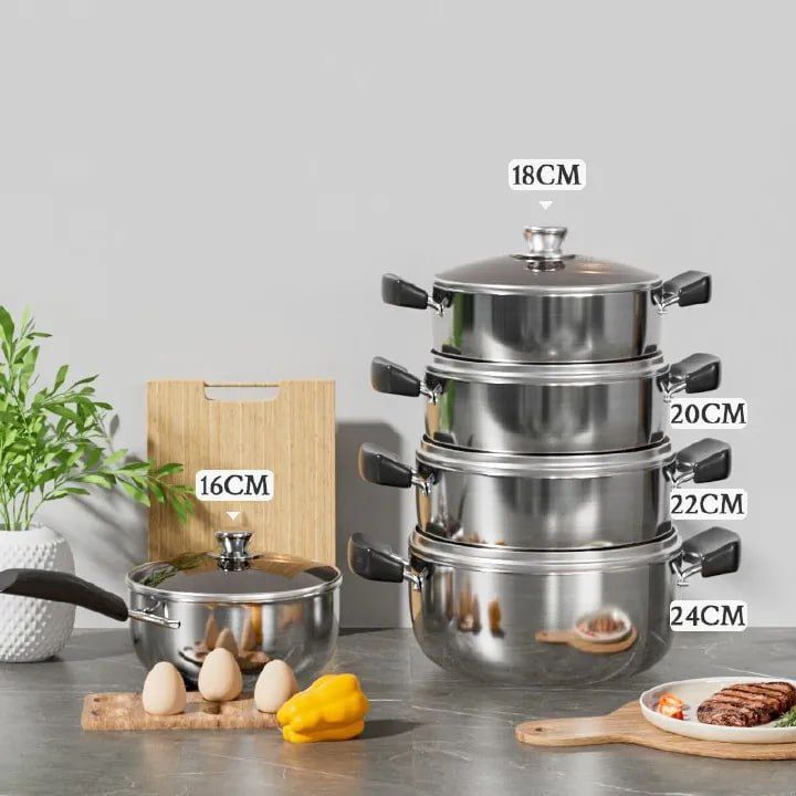 10-PCS Stainless steel Pots Non Stick Sufuria Cookware Set Cooking Pots Sufuria 5pcs pots + 5pcs lids（16/18/20/22/24cm)