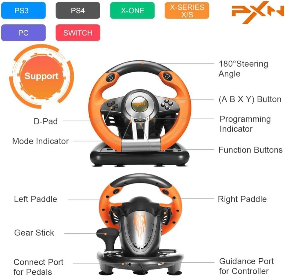 PC Racing Wheel, V3II 180 Degree Universal USB Car Sim Game Steering Wheel with Pedals for PS3, PS4, Xbox One, Xbox Series X/S, Nintendo Switch